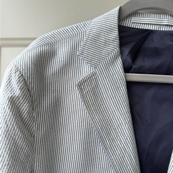 Faconnable Blue White Striped Seersucker Cotton Sport Coat Blazer 56L Preppy - Picture 2 of 12